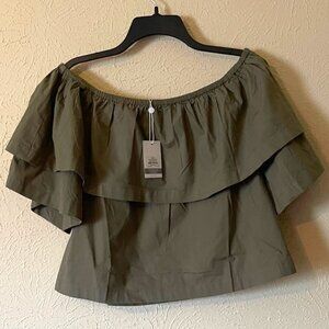 Mud Pie NWT Off the Shoulder Short Sleeved Cropped Olive Green Shirt, Size Small